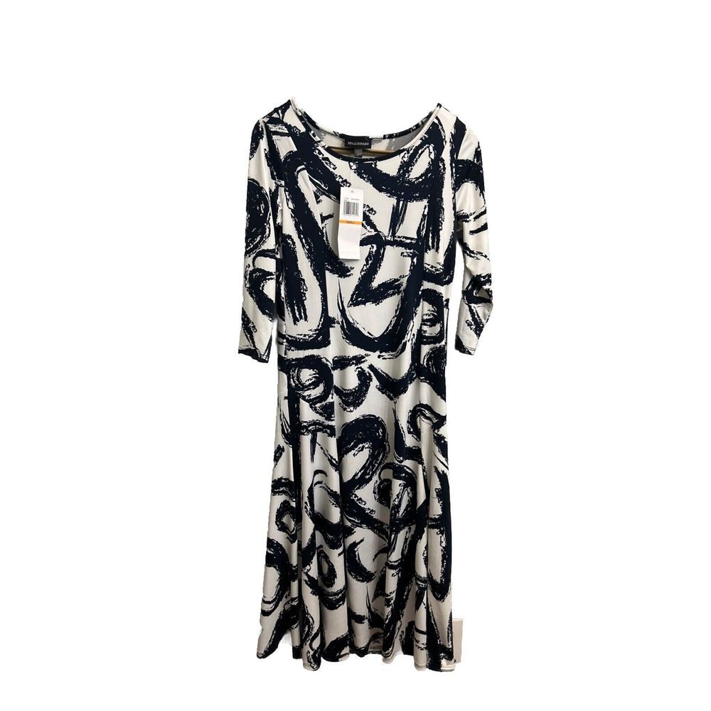 Nina Leonard White &Navy Abstract A Line‎ Midi Dress Sz Small